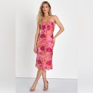 Small Lulus Upgraded Event Pink Floral Jacquard Strapless Bustier Midi Dress